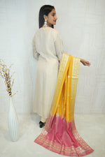 Cream Embroidered Kurta Set with Yellow-Pink Banarasi Dupatta
