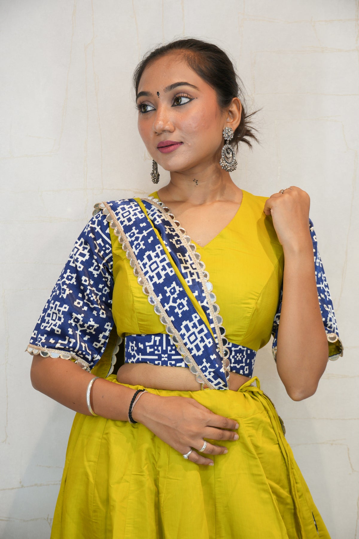 Mustard Yellow & Blue Bandhej Border Navratri Lehenga Choli