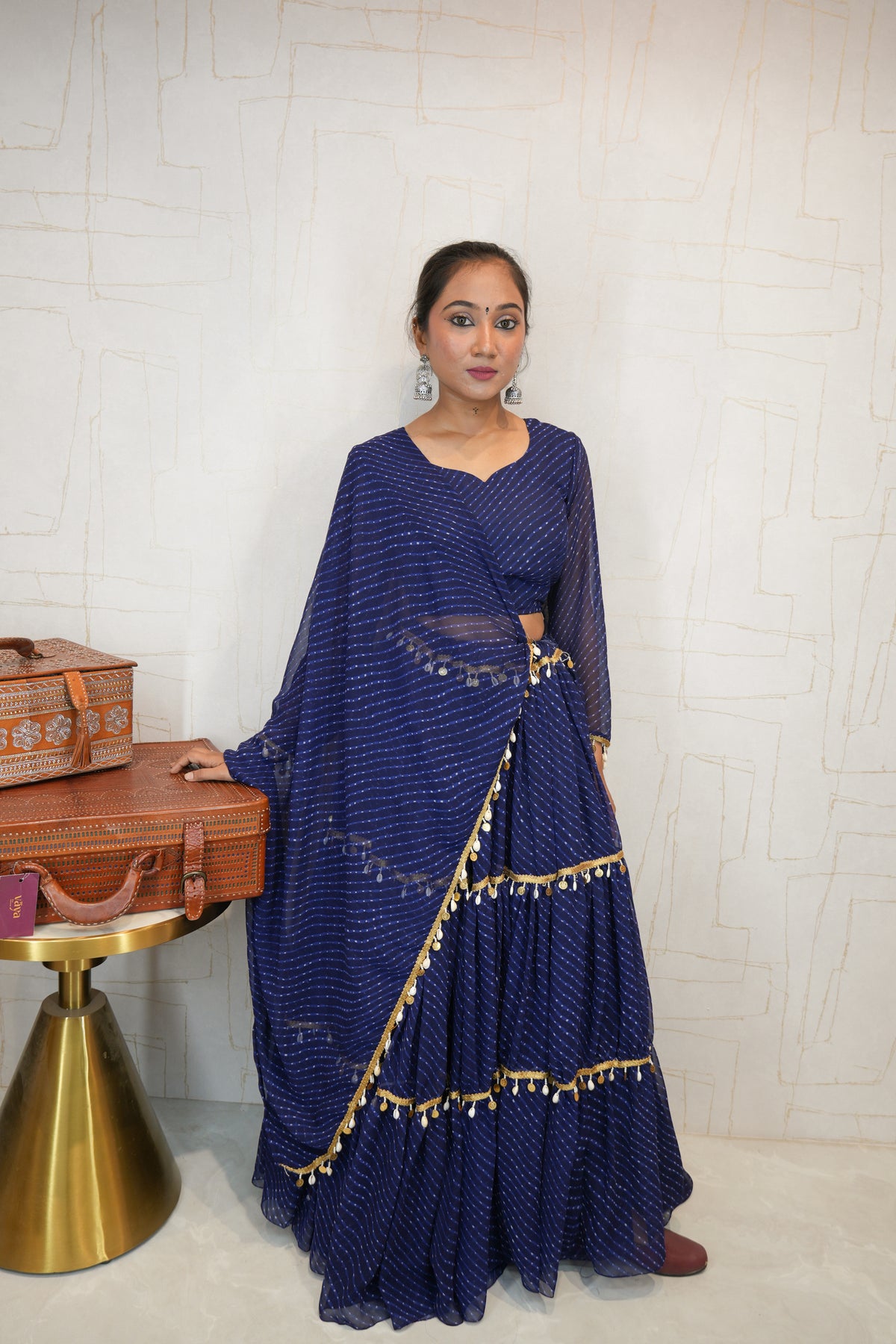 Navy Blue Leheriya Navratri Lehenga Choli with Golden Tassel Detailing