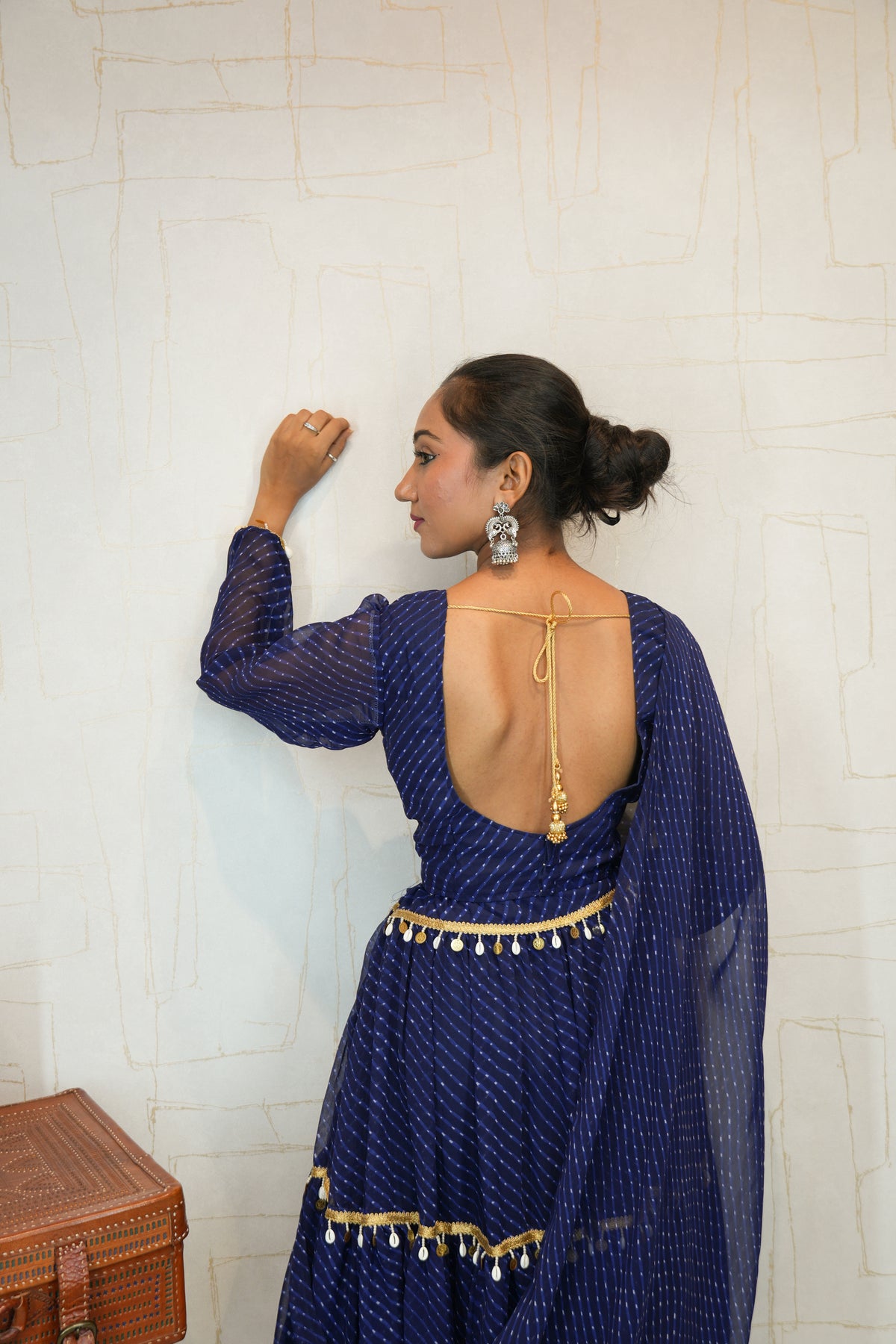 Navy Blue Leheriya Navratri Lehenga Choli with Golden Tassel Detailing