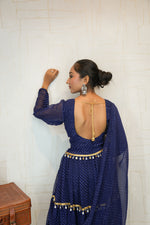 Navy Blue Leheriya Navratri Lehenga Choli with Golden Tassel Detailing