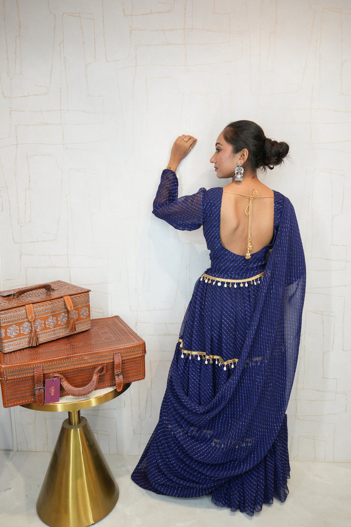 Navy Blue Leheriya Navratri Lehenga Choli with Golden Tassel Detailing