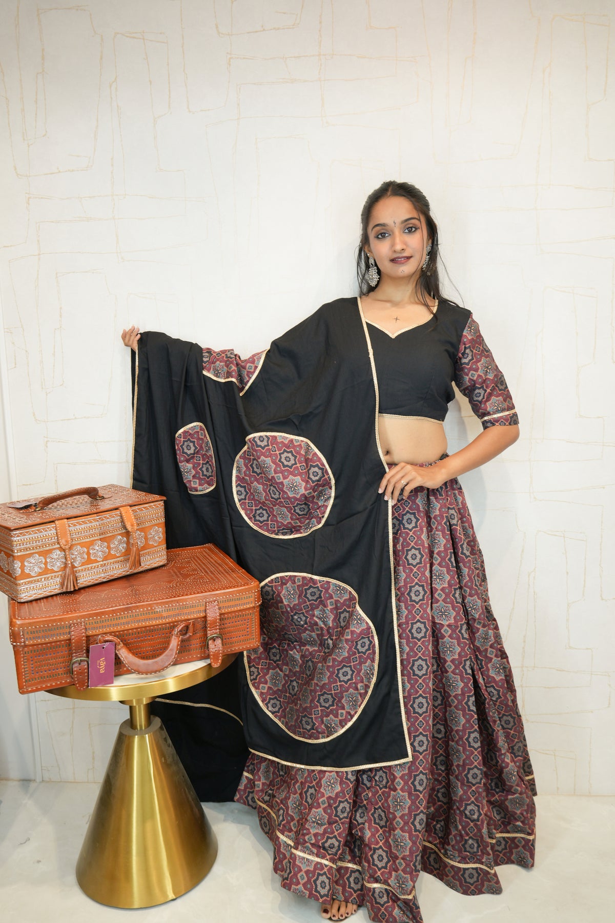Black & Maroon Ajrakh Print Navratri Lehenga Choli with Contrast Dupatta