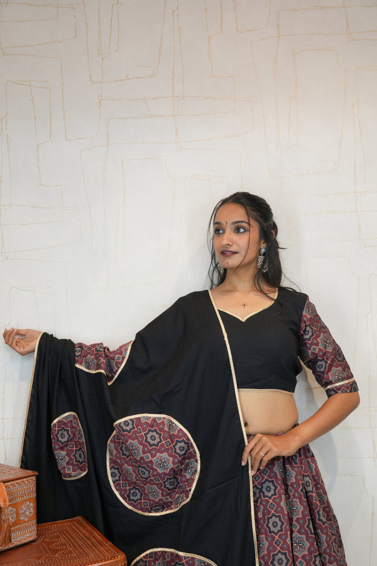 Black & Maroon Ajrakh Print Navratri Lehenga Choli with Contrast Dupatta