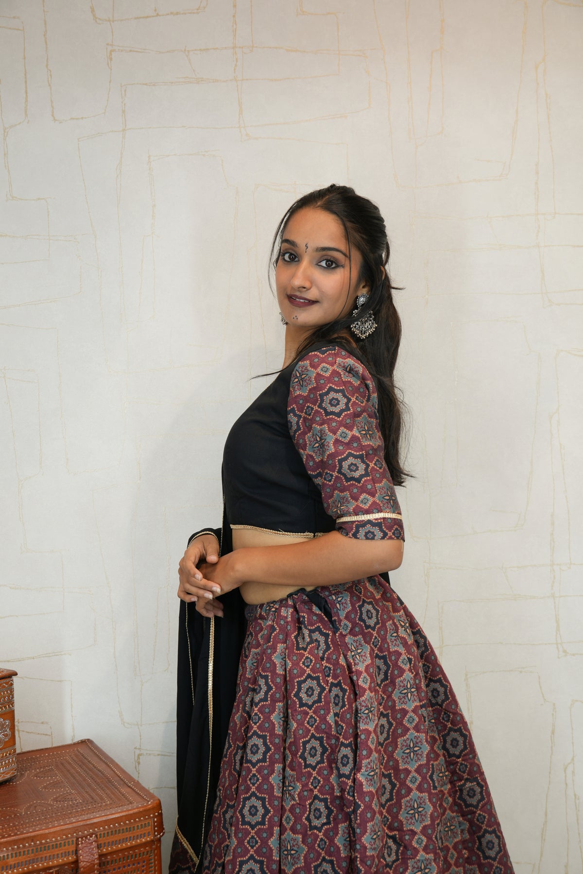 Black & Maroon Ajrakh Print Navratri Lehenga Choli with Contrast Dupatta
