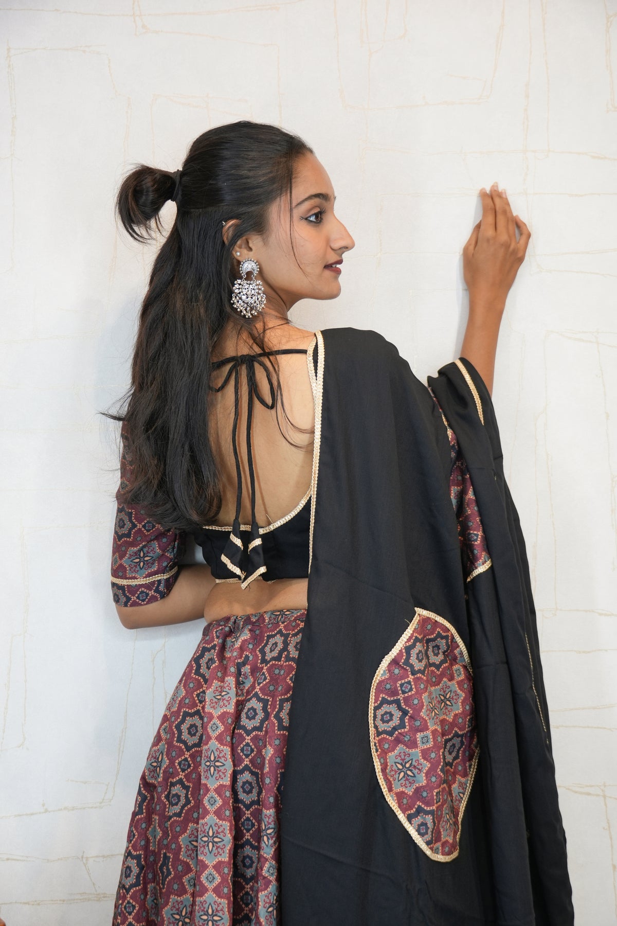 Black & Maroon Ajrakh Print Navratri Lehenga Choli with Contrast Dupatta