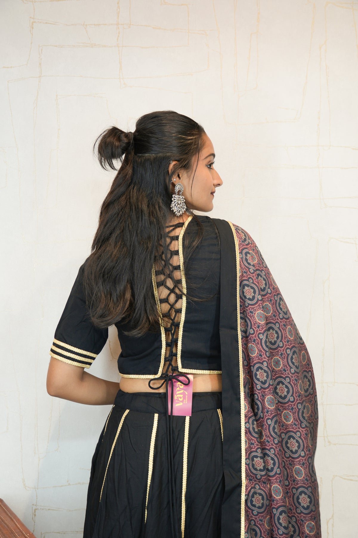 Black & Maroon Ajrakh Print Navratri Lehenga Choli with Golden Border