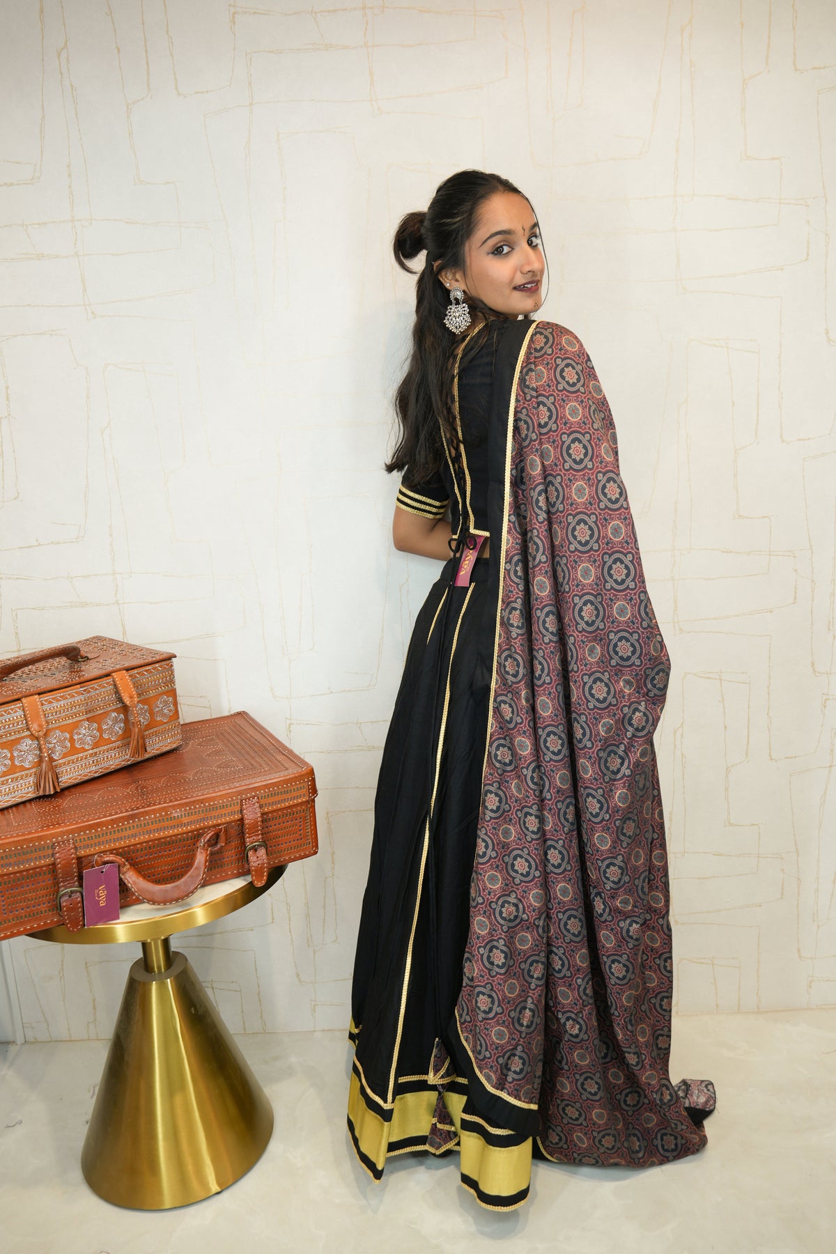 Black & Maroon Ajrakh Print Navratri Lehenga Choli with Golden Border