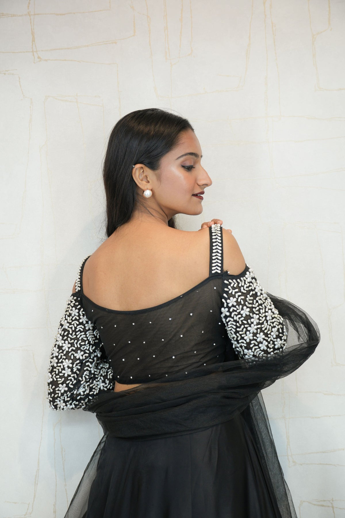 Embroidered Cold-Shoulder Crop Top with Flared Lehenga Set