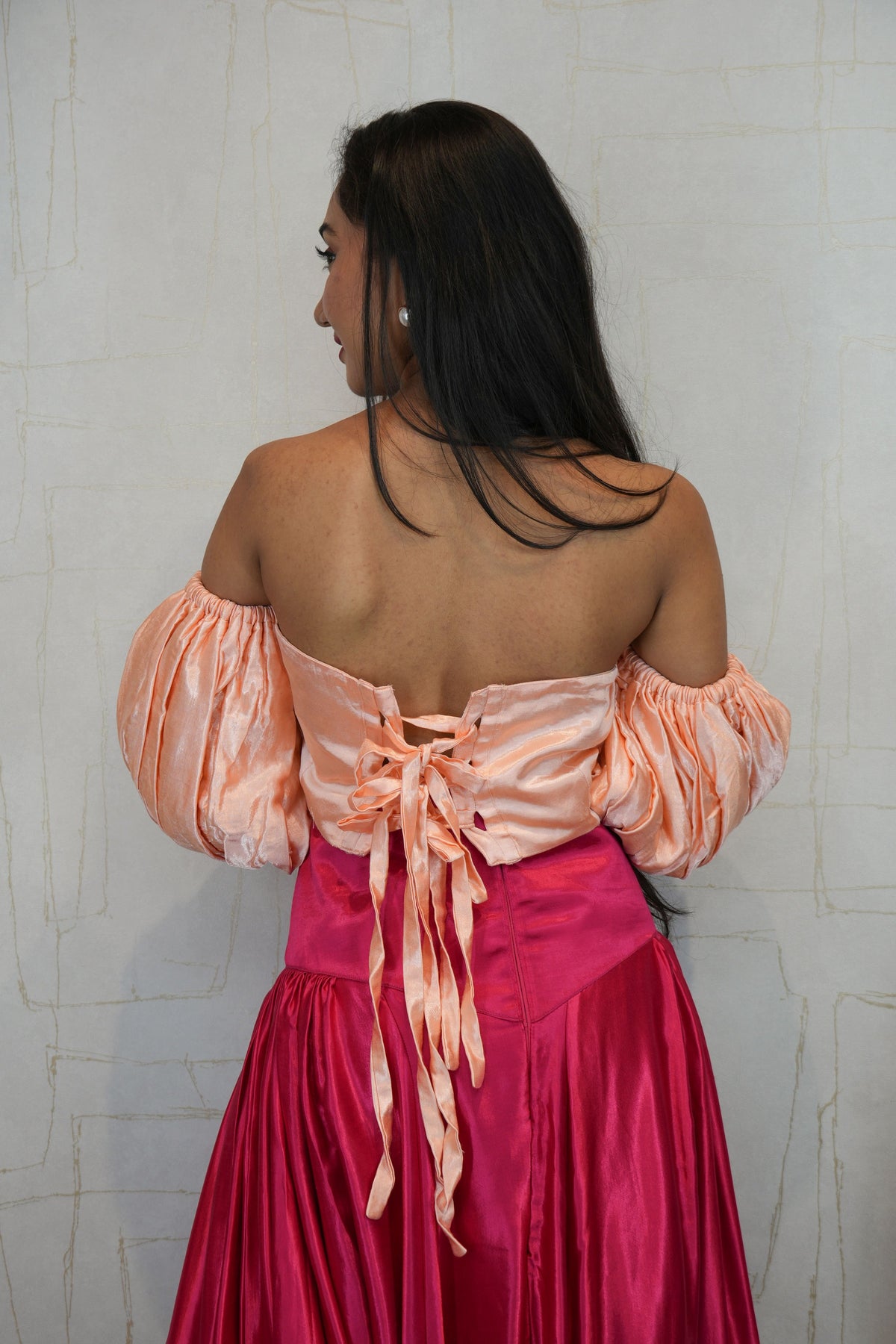 Peach Puff Sleeve Crop Top with Dark Magenta Flared Skirt Set