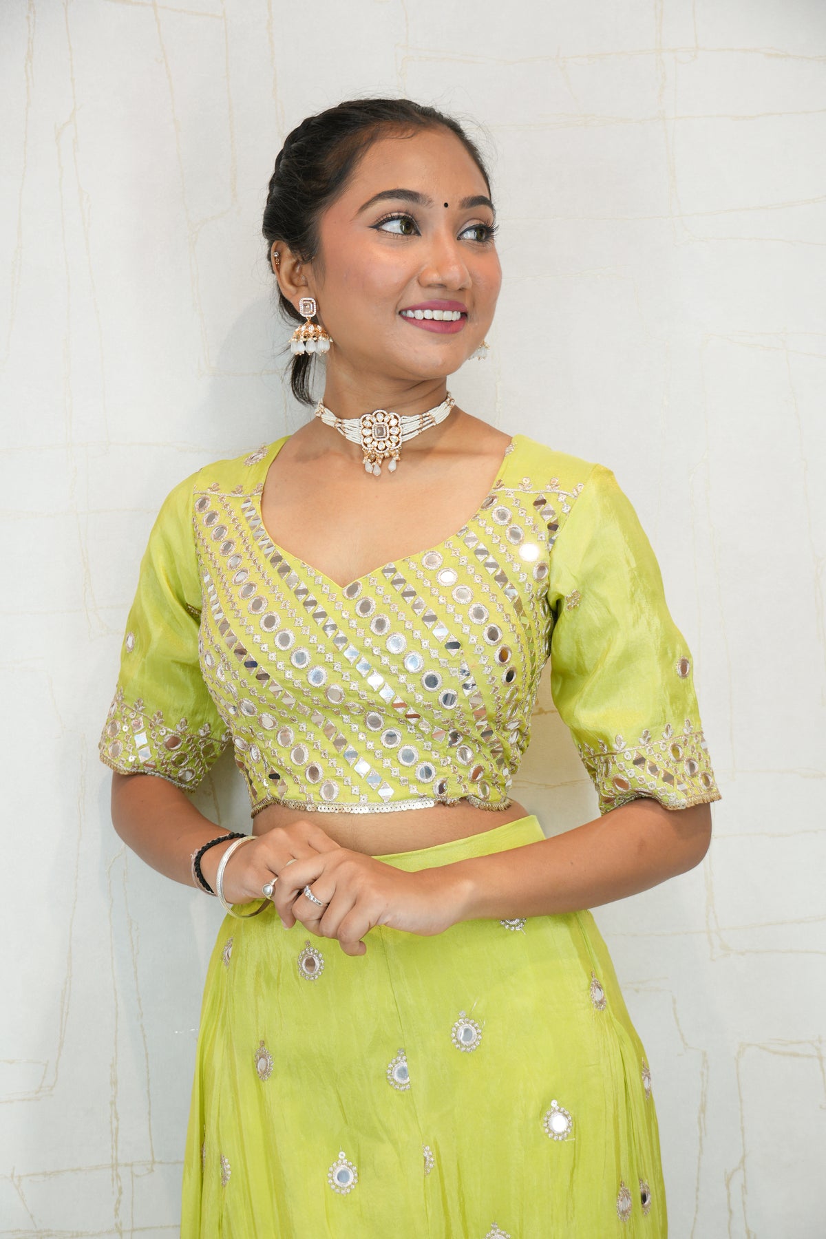 Lime Green Mirror Work Lehenga Choli