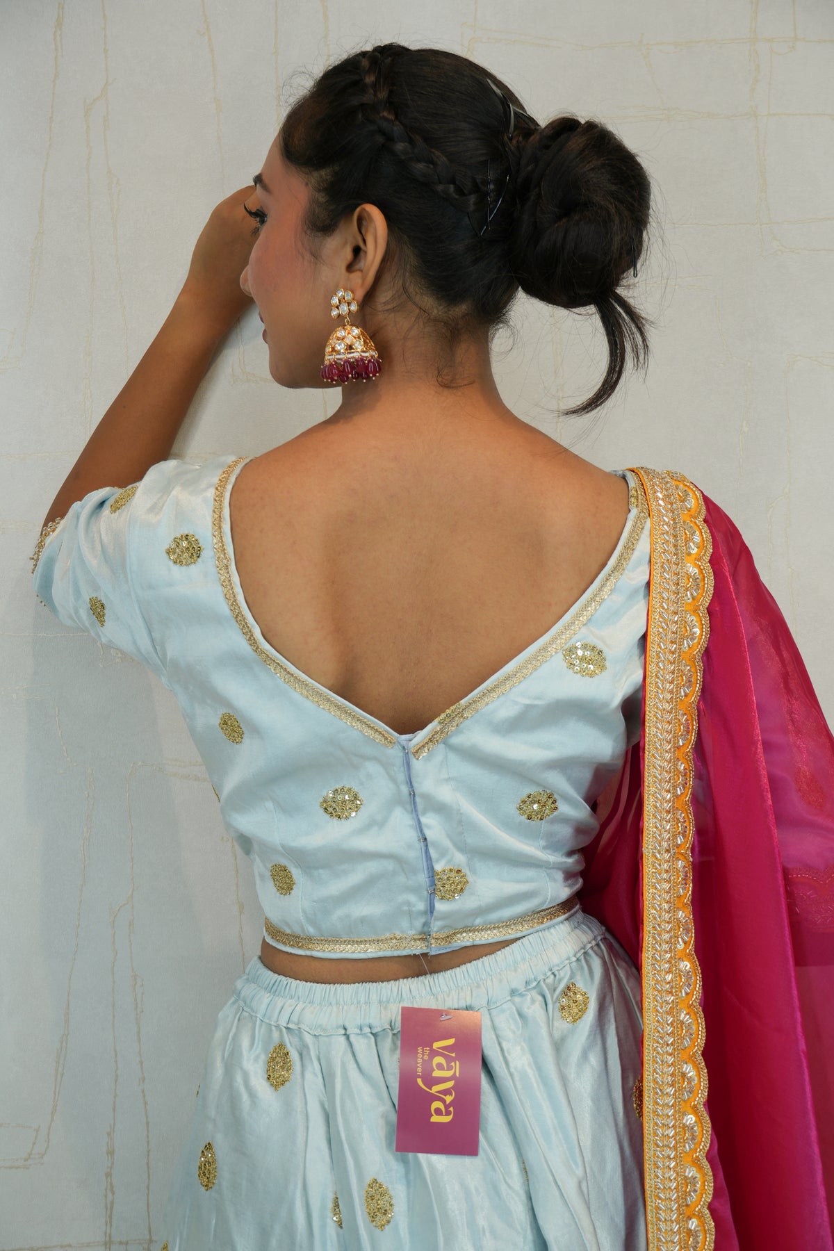 Sky Blue Embroidered Lehenga with Pink Dupatta