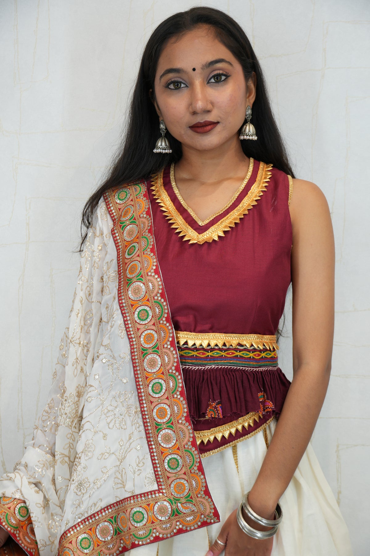 Maroon and White Embroidered Lehenga Set