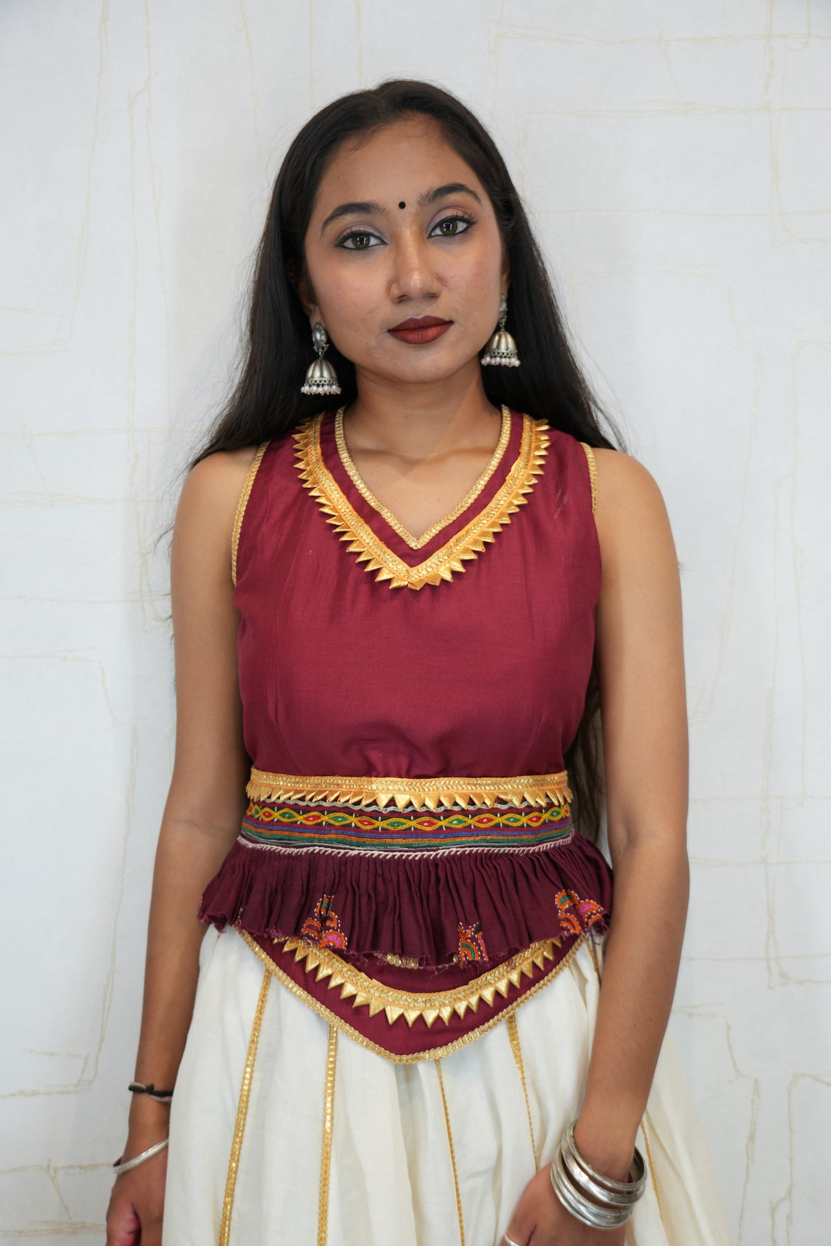 Maroon and White Embroidered Lehenga Set