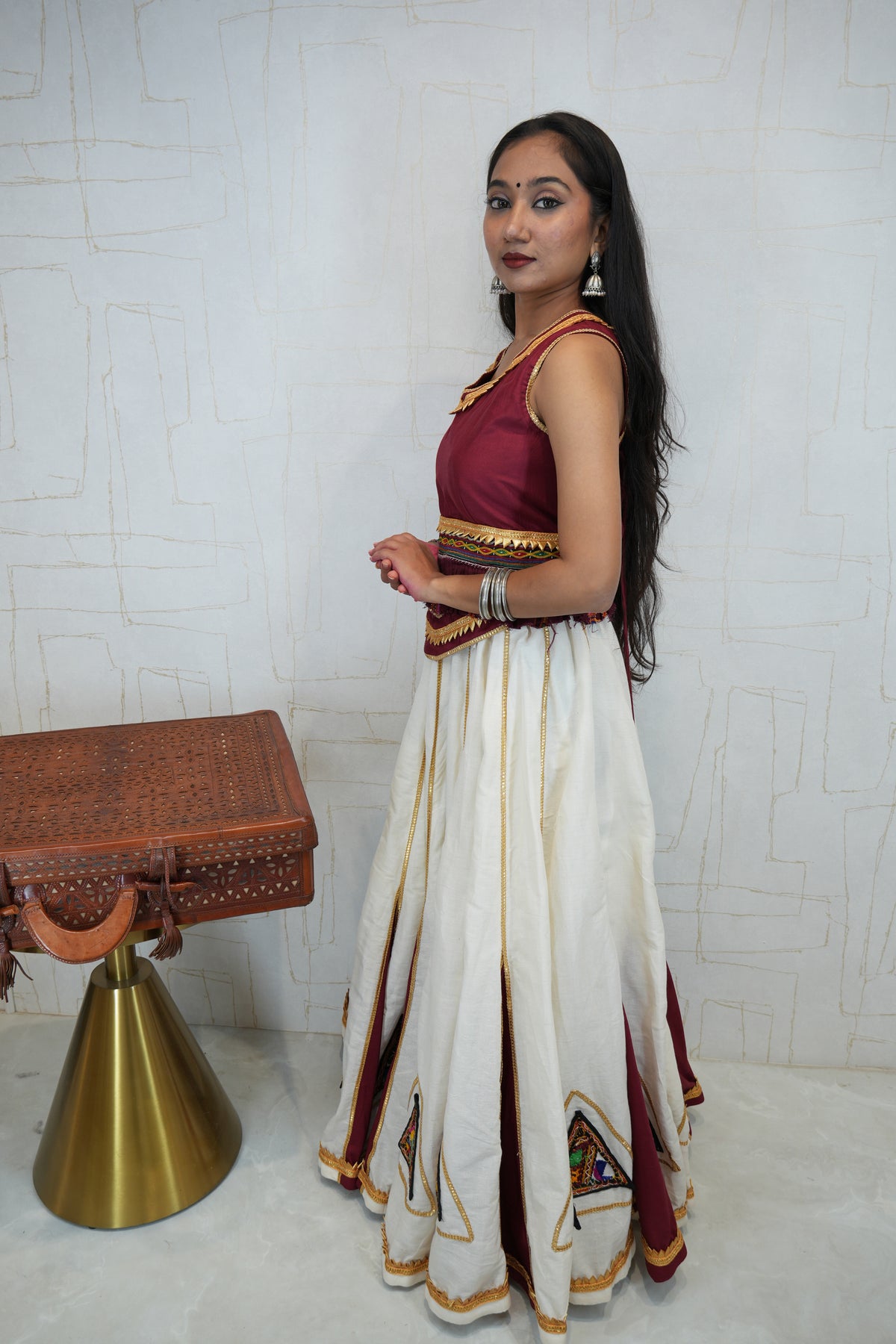 Maroon and White Embroidered Lehenga Set