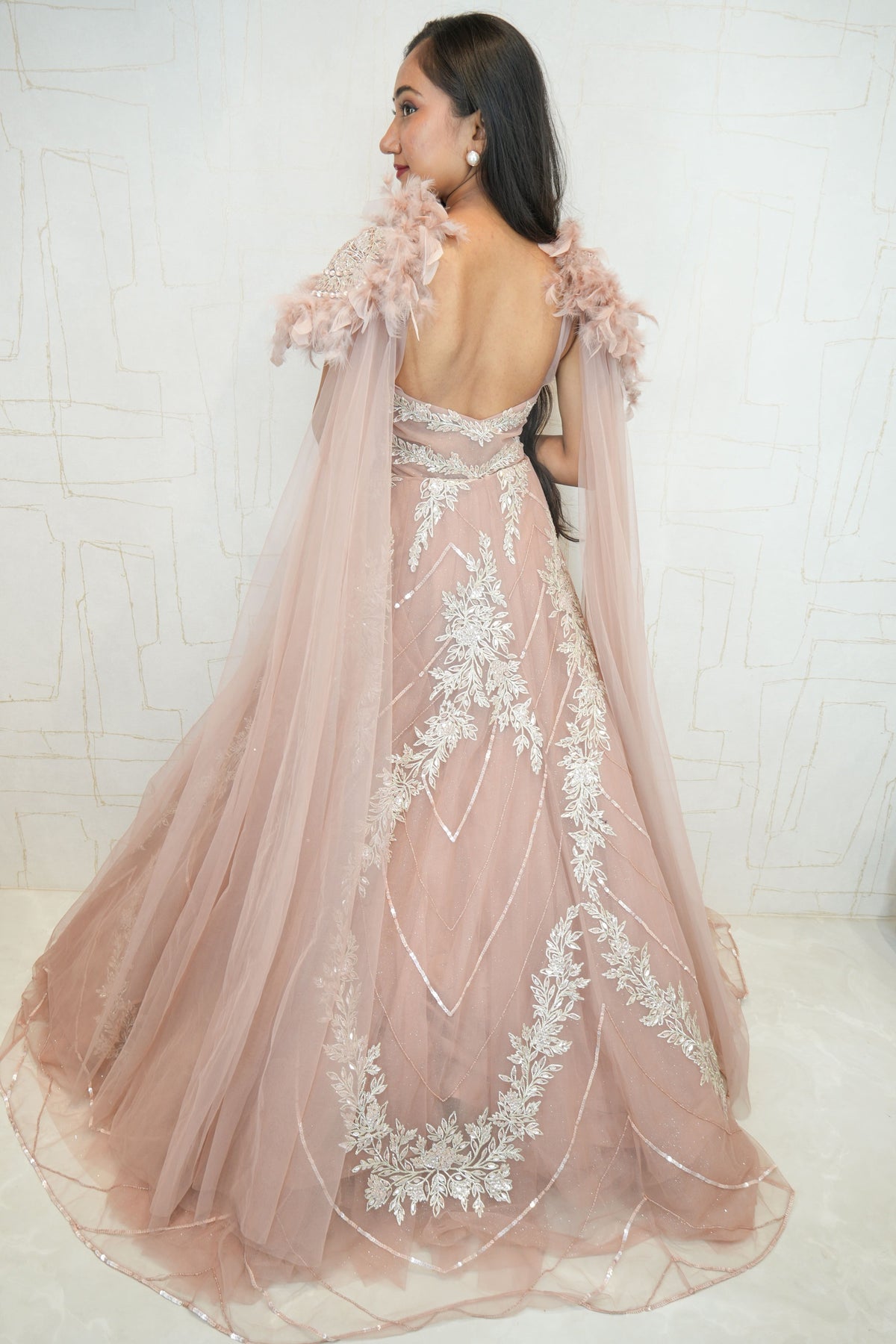 Feather Shoulder Embellished Gown