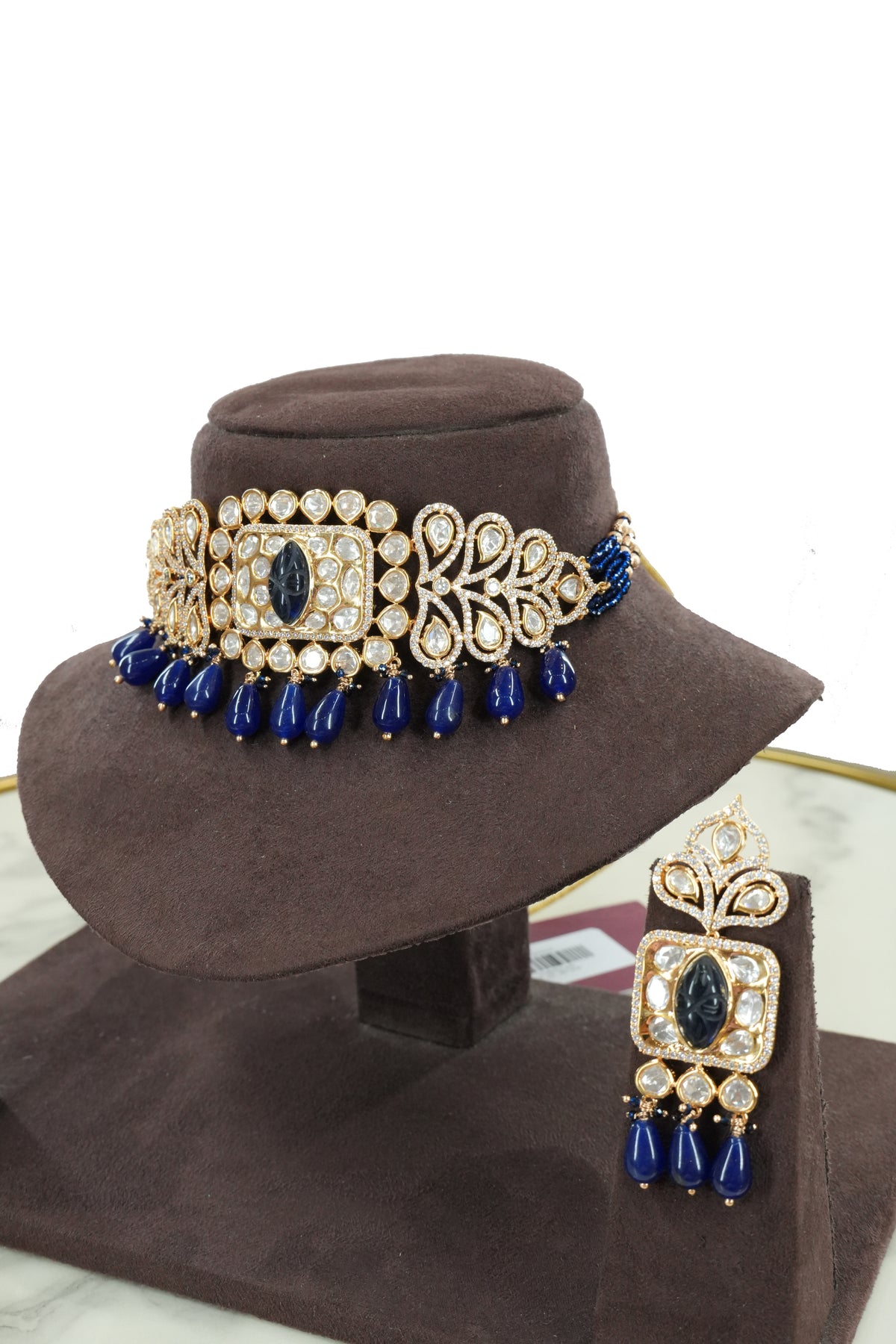 Royal Blue Stone Kundan Choker Necklace Set with Earrings