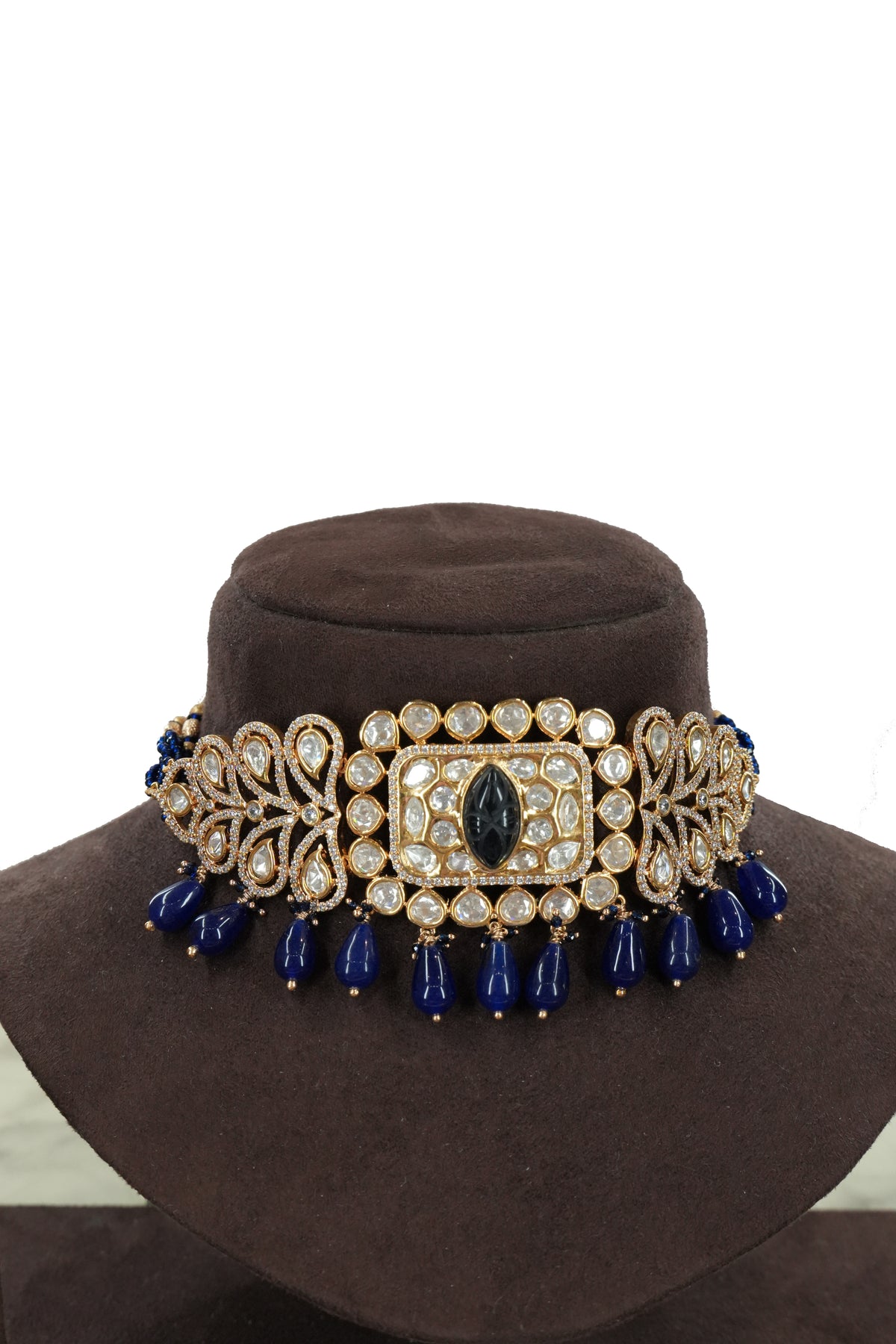 Royal Blue Stone Kundan Choker Necklace Set with Earrings