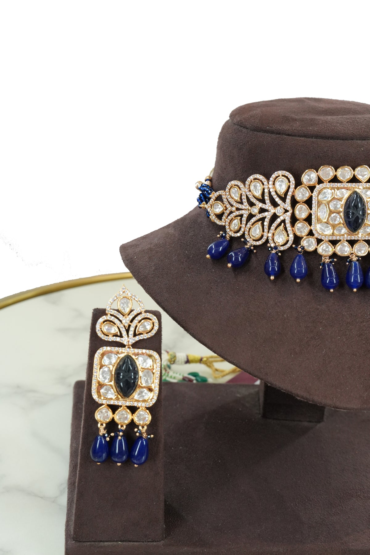 Royal Blue Stone Kundan Choker Necklace Set with Earrings