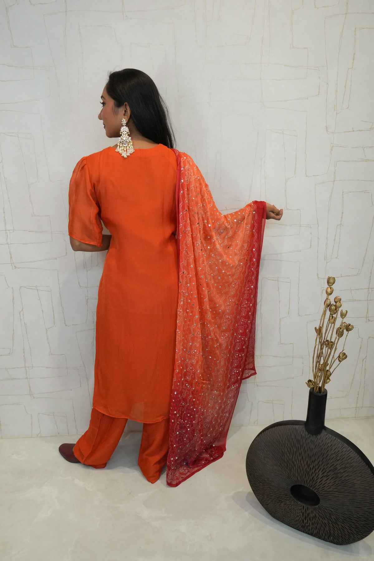 Traditional Embroidered Kurta Set (Orange)