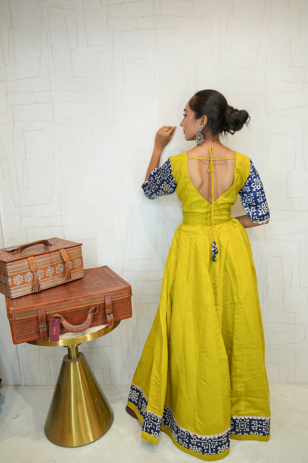 Mustard Yellow & Blue Bandhej Border Navratri Lehenga Choli